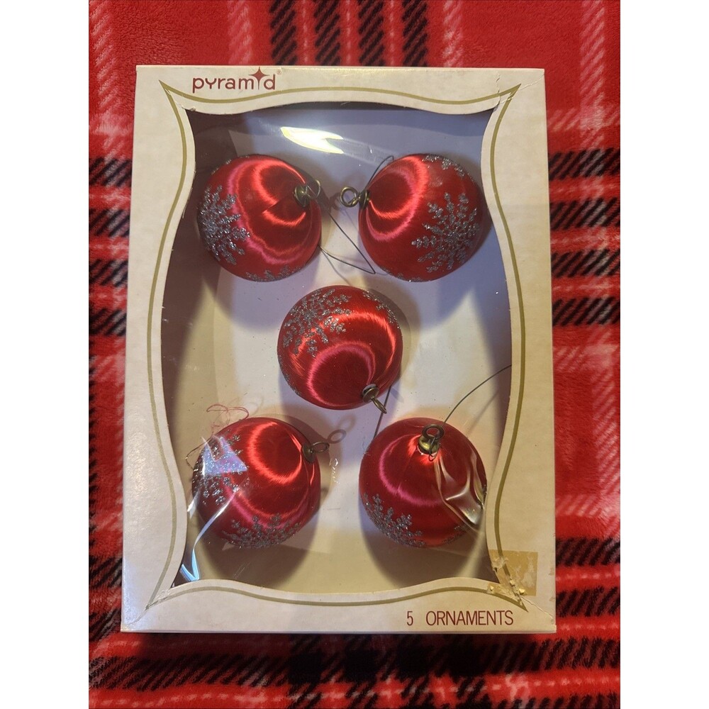 Set Of 5 Vintage Pyramid Red Satin Ornaments With Silver Glitter Snowflakes